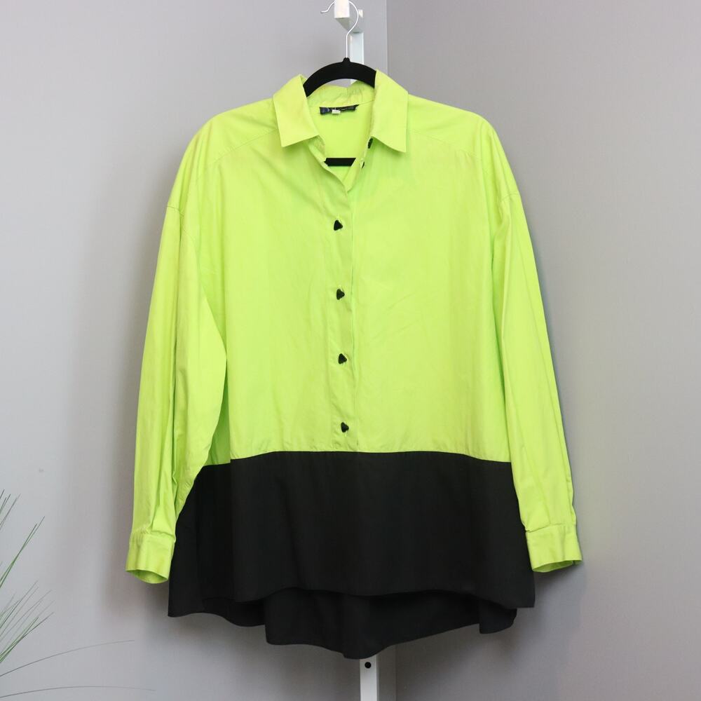 Vintage Claude Montana Neon Green Black Colorblock‎ Blouse Italy Size 46
